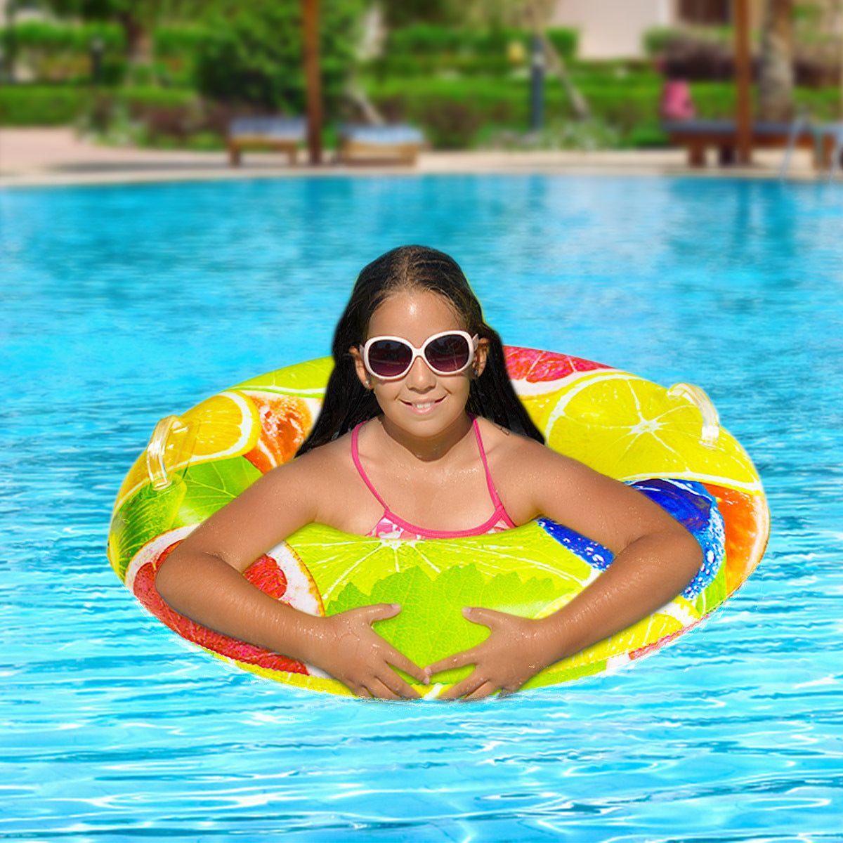 Summer gils on inflatable in swimming pool floats. Water Bottle by